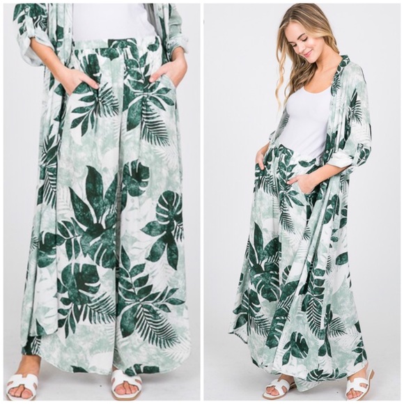 ☀️IVORY GREEN TROPICAL PALM LEAVES PANTS - Picture 4 of 8